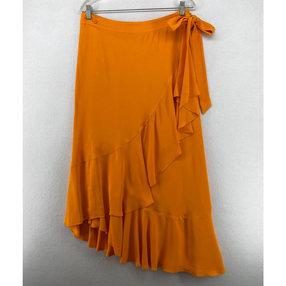 RODEBJER Skirt M Hazel Twill Wrap Midi Ruffled Flounce Tie Side Viscose Orange - Picture 1 of 15